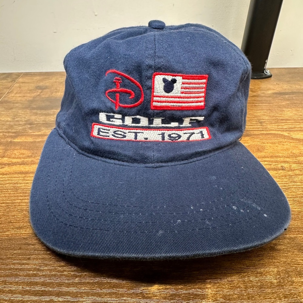 Vintage Disney World Golf Hat Navy Blue Mickey Mouse Flag Strapback Est 1971 Cap